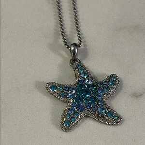 Oceanic Blue Rhinestone Starfish Pendant Necklace